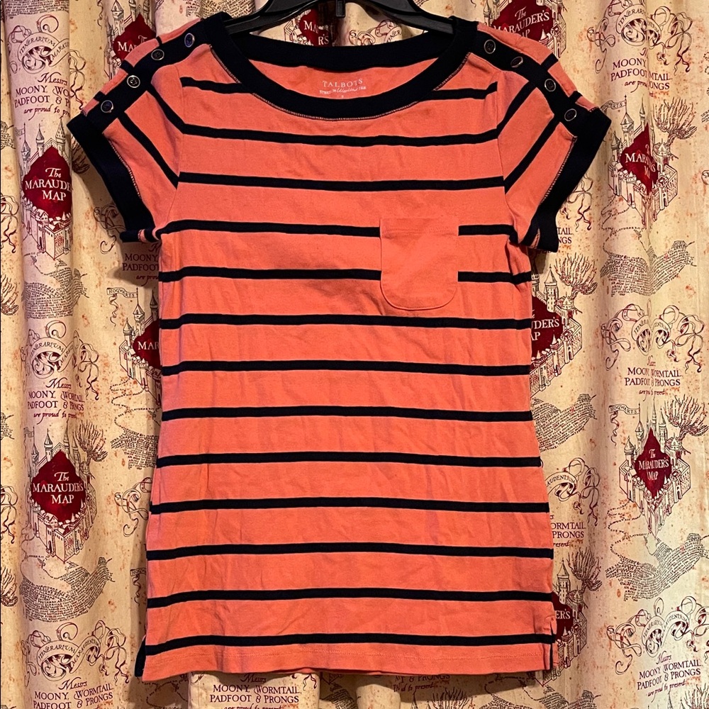 Talbots Coral and Navy Striped Tee